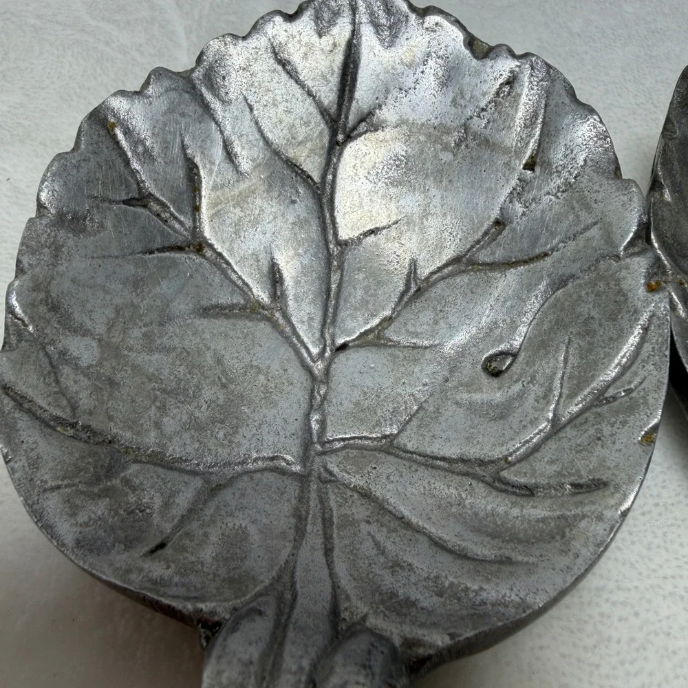 VTG Cast Metal Leaf Salad Serving Set Silver Tone Rustic Botanical Twig‎ Handle